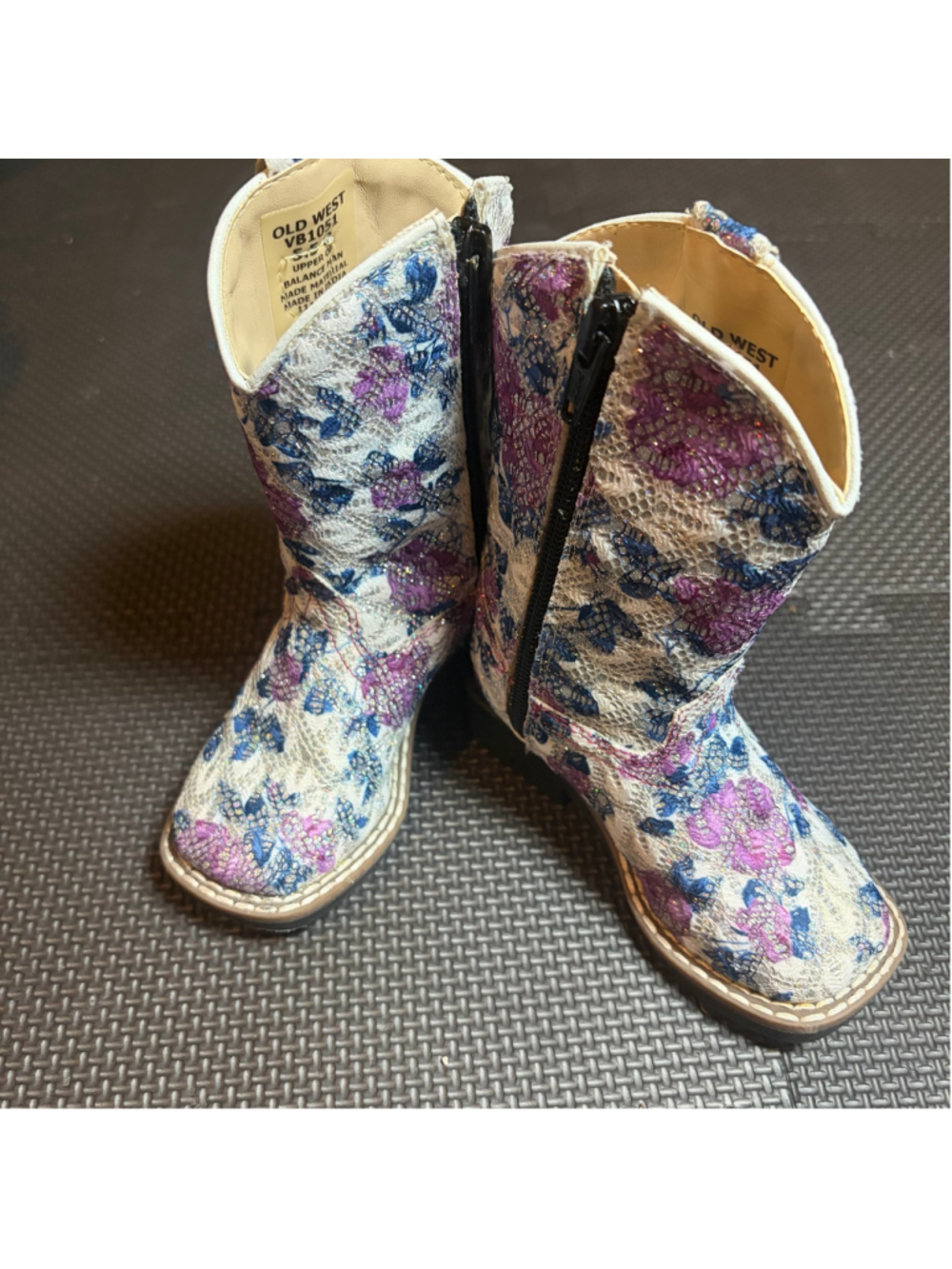 Old West Girls Cowboy Boots Size 5.5D Floral Glitter Western Side Zip VB1051